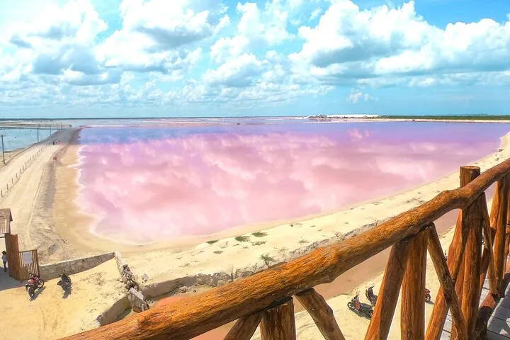 View of a large pink salt pan from a wooden observation deck.
