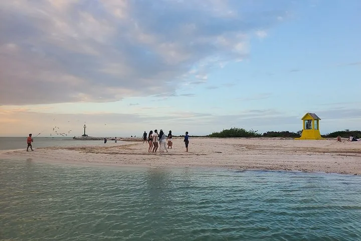 Des personnes marchent sur une plage de sable près d'une eau calme au crépuscule